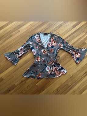 by & by Gray Floral Wrap Blouse with Bell Sleeves